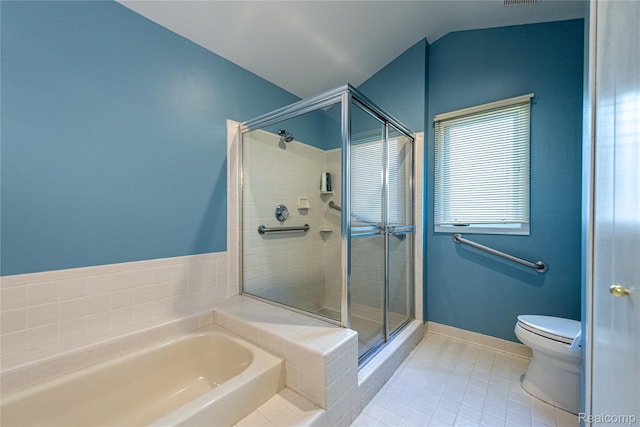 6760 Oyster Cv, West Bloomfield, MI 48323 - full bathroom with a garden tub, a stall shower, tile patterned floors, and vaulted ceiling
