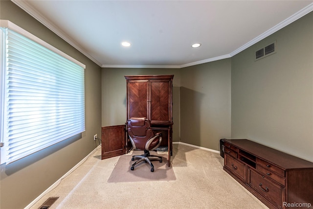 6760 Oyster Cv, West Bloomfield, MI 48323 - home office featuring light colored carpet, recessed lighting, and ornamental molding