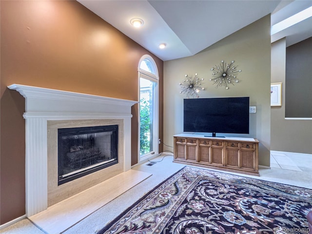 6760 Oyster Cv, West Bloomfield, MI 48323 - living room featuring carpet, vaulted ceiling, and a fireplace
