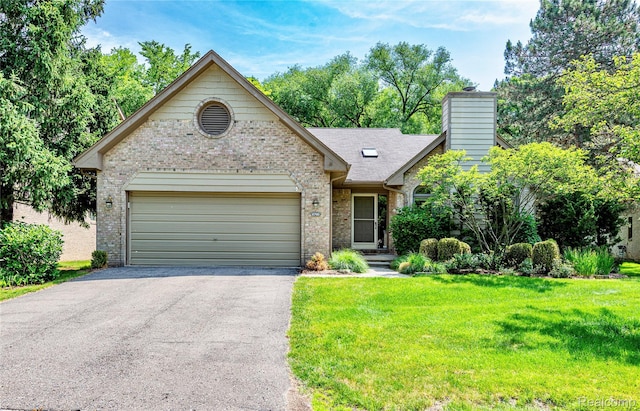 6760 Oyster Cv, West Bloomfield, MI 48323 - view of front facade featuring brick siding, asphalt driveway, a front yard, an attached garage, and a chimney
