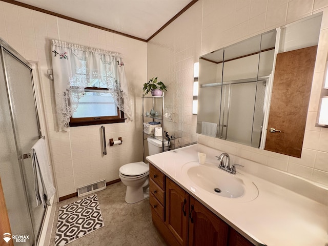 449 Noric Dr, Roscommon, MI 48653 - full bath with tile walls, a stall shower, vanity, and crown molding
