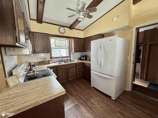 449 Noric Dr, Roscommon, MI 48653 - kitchen with freestanding refrigerator, electric range, ceiling fan, dark wood finished floors, and light countertops
