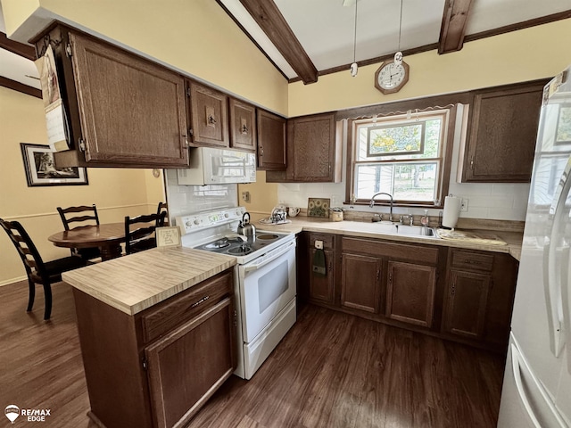 449 Noric Dr, Roscommon, MI 48653 - kitchen featuring white appliances, beam ceiling, light countertops, dark wood-type flooring, and tasteful backsplash