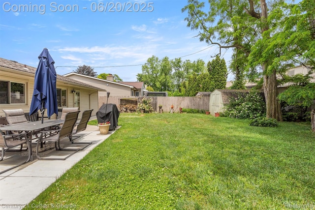 2138 Metzner Rd, Commerce Twp, MI 48390 - fenced backyard featuring a storage unit and a patio area