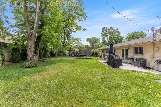 2138 Metzner Rd, Commerce Twp, MI 48390 - view of green lawn with a trampoline and a patio