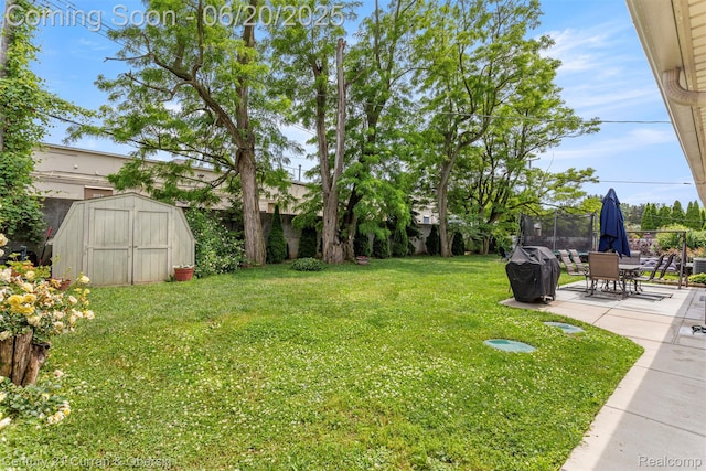 2138 Metzner Rd, Commerce Twp, MI 48390 - view of yard featuring a trampoline, a storage unit, and a patio area