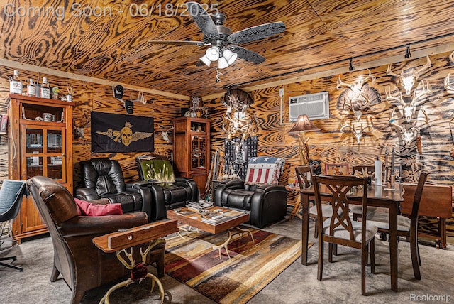 44988 52nd St, Lawrence, MI 49064 - living room with a ceiling fan, a wall mounted AC, and light colored carpet