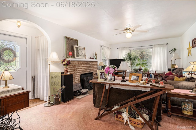 44988 52nd St, Lawrence, MI 49064 - carpeted living area with a ceiling fan and arched walkways
