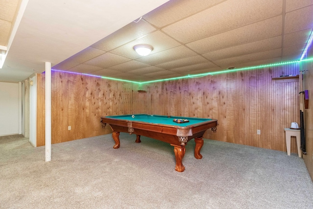 531 Gettysburg Dr, Niles, MI 49120 - rec room with carpet, billiards table, wooden walls, and a paneled ceiling