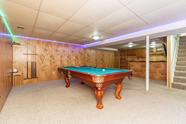 531 Gettysburg Dr, Niles, MI 49120 - rec room with carpet flooring, wood walls, pool table, and a paneled ceiling