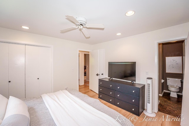 6072 Del Cano Dr SE, Grand Rapids, MI 49546 - bedroom with light wood-style floors, a closet, recessed lighting, and a ceiling fan