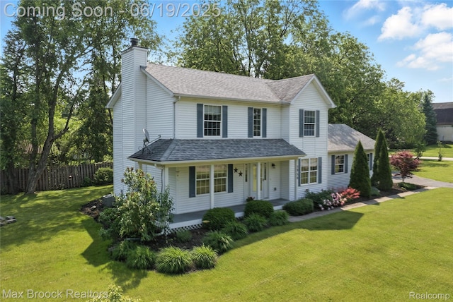 7950 Sandmar Ln, Davisburg, MI 48350 - traditional home featuring a porch, a chimney, and a shingled roof