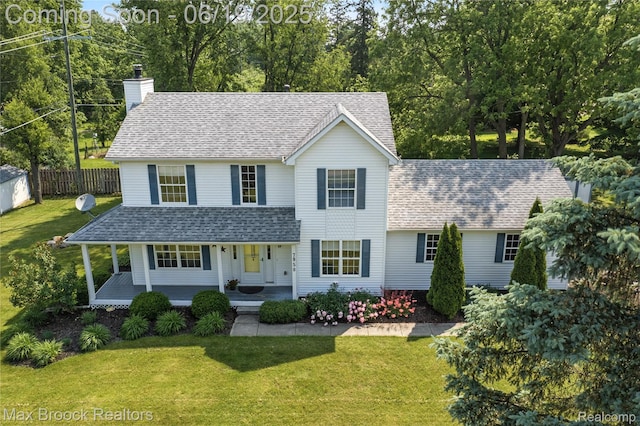 7950 Sandmar Ln, Davisburg, MI 48350 - traditional-style house with a chimney, covered porch, and roof with shingles