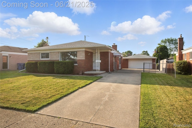13647 Murthum Ave, Warren, MI 48088 - view of front facade with brick siding, a detached garage, a chimney, and an outbuilding