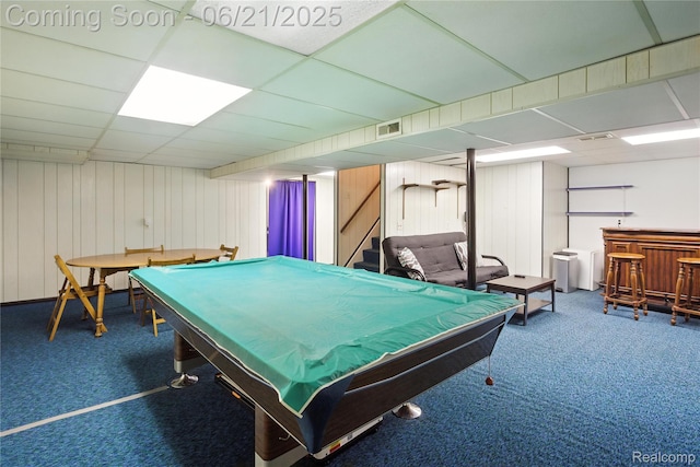 13647 Murthum Ave, Warren, MI 48088 - game room featuring carpet flooring, a drop ceiling, a bar, pool table, and wooden walls
