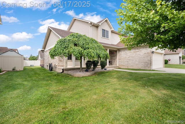 24462 Christian Dr, Flat Rock, MI 48134 - view of front of home featuring brick siding, driveway, a front yard, a garage, and a shingled roof