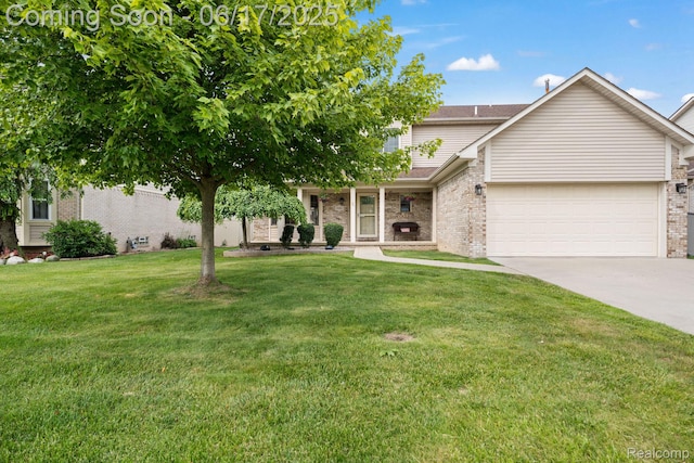 24462 Christian Dr, Flat Rock, MI 48134 - view of front of property with brick siding, concrete driveway, a garage, and a front lawn
