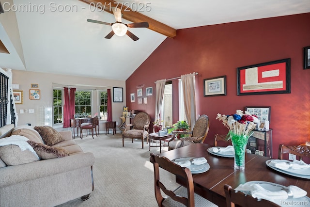 24462 Christian Dr, Flat Rock, MI 48134 - carpeted living room featuring beamed ceiling, a ceiling fan, and high vaulted ceiling