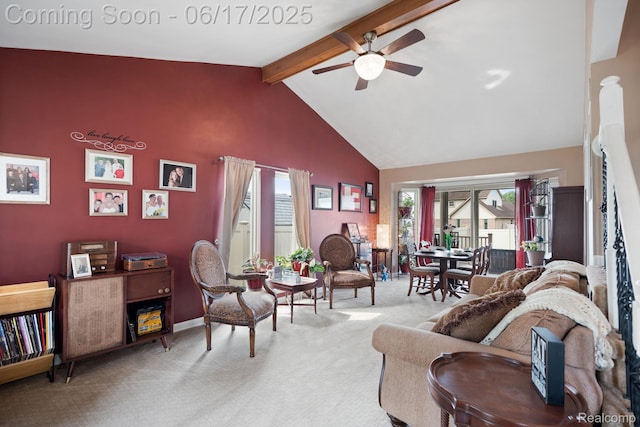 24462 Christian Dr, Flat Rock, MI 48134 - living area featuring ceiling fan, carpet flooring, beam ceiling, and high vaulted ceiling