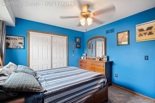 24462 Christian Dr, Flat Rock, MI 48134 - bedroom with a closet, dark carpet, and ceiling fan