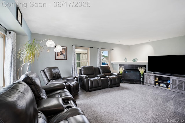 24462 Christian Dr, Flat Rock, MI 48134 - carpeted living area featuring a tile fireplace