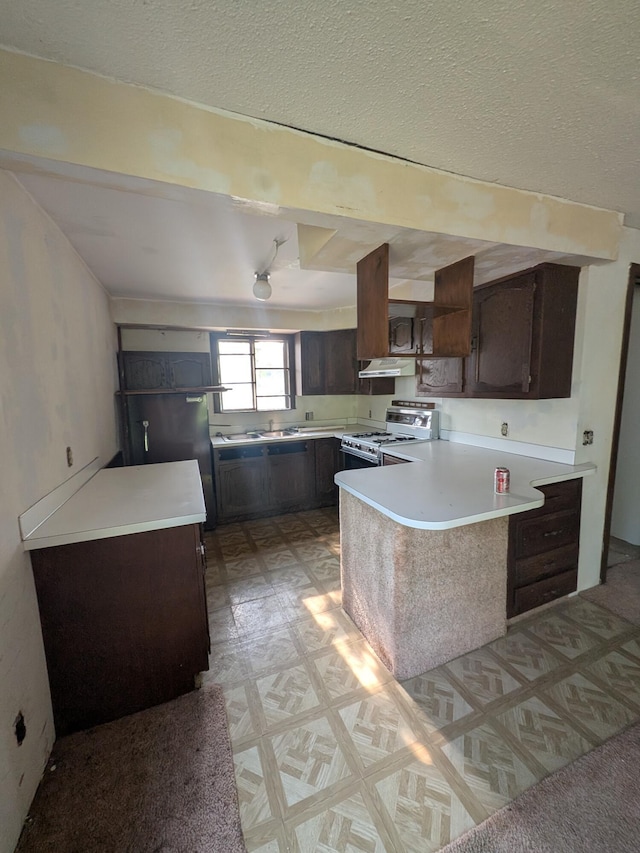 4989 W Jordan Rd, Weidman, MI 48893 - kitchen with white gas range oven, dark brown cabinets, a peninsula, light flooring, and light countertops