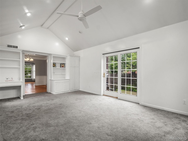 1930 Kenmore Dr, Grosse Pointe Woods, MI 48236 - unfurnished living room with carpet floors, high vaulted ceiling, ceiling fan, beamed ceiling, and a chandelier