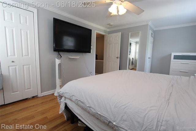 1670 Graefield Rd, Birmingham, MI 48009 - bedroom with light wood-type flooring, ornamental molding, and ceiling fan