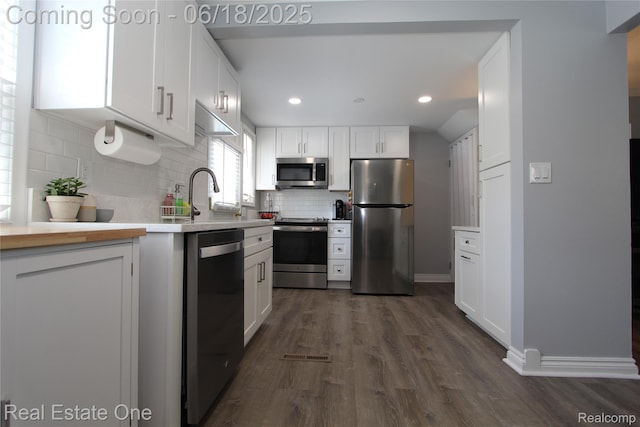 1670 Graefield Rd, Birmingham, MI 48009 - kitchen featuring stainless steel appliances, dark wood-style flooring, tasteful backsplash, white cabinetry, and light countertops