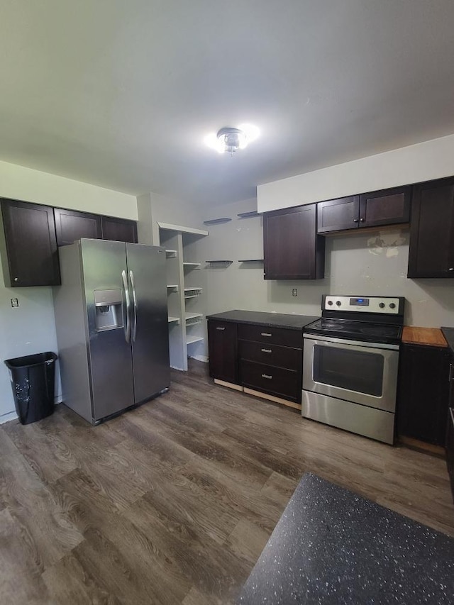 14300 Tuttlehill, Milan, MI 48160 - kitchen featuring appliances with stainless steel finishes, dark wood-style floors, open shelves, and dark brown cabinetry