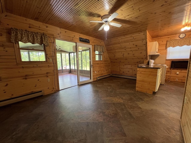 7428 Ansley Ln, Hillsdale, MI 49242 - unfurnished living room featuring wood walls, ceiling fan, a baseboard radiator, and wood ceiling