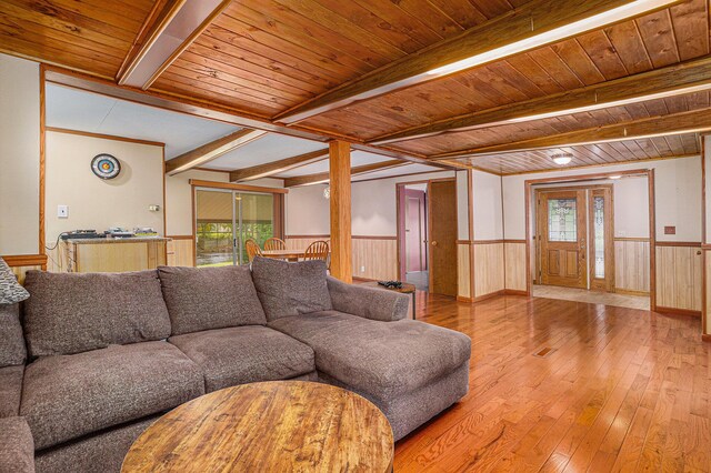 8933 E M 20, Hesperia, MI 49421 - living room with a wainscoted wall, light wood-style floors, a wood ceiling with exposed beams, and wood walls