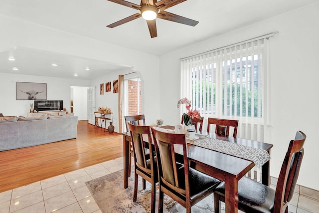 29206 Guy St, Southfield, MI 48076 - dining room with light tile patterned floors, ceiling fan, recessed lighting, and arched walkways