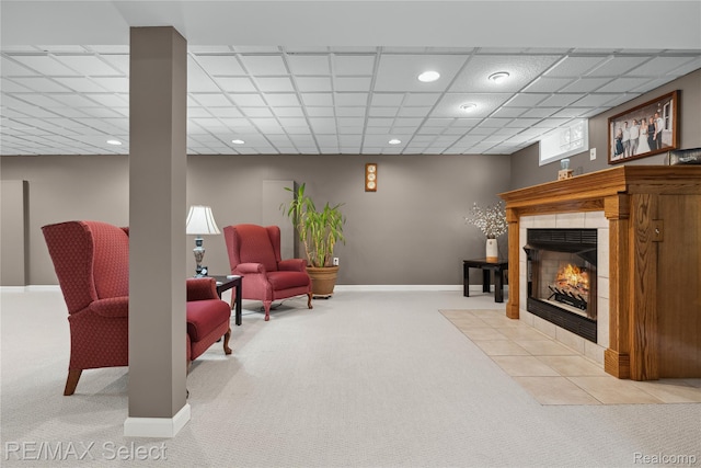 2249 Pauline Dr, Waterford, MI 48329 - living area featuring carpet flooring, a tiled fireplace, and recessed lighting