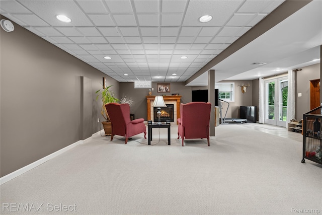2249 Pauline Dr, Waterford, MI 48329 - sitting room with a tile fireplace, carpet flooring, and recessed lighting