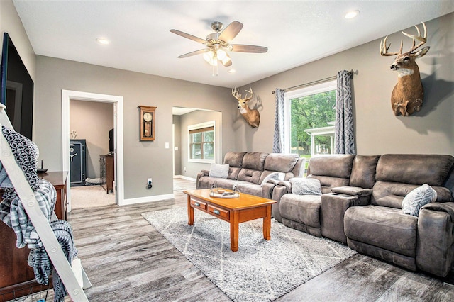 325 Marshall St, Coldwater, MI 49036 - living room featuring a ceiling fan, light wood-style flooring, and recessed lighting