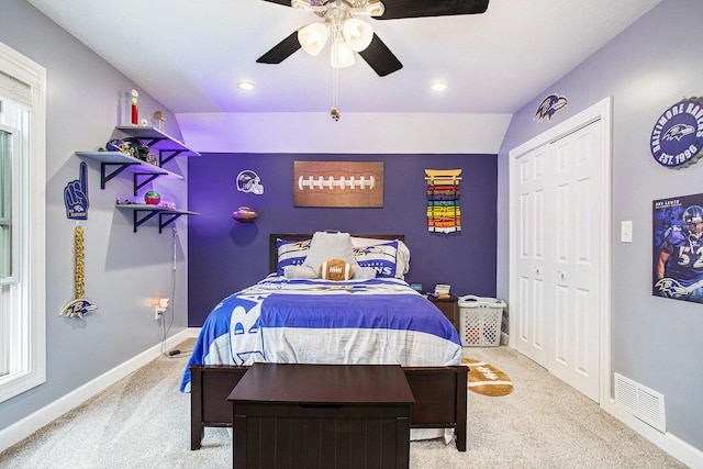 325 Marshall St, Coldwater, MI 49036 - bedroom with light carpet, a closet, a ceiling fan, and recessed lighting