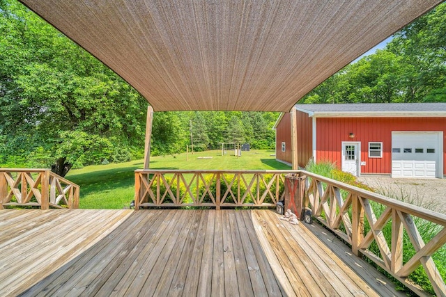 54727 Twin Lakes Rd, Dowagiac, MI 49047 - wooden terrace with a yard, an outdoor structure, a garage, and view of scattered trees