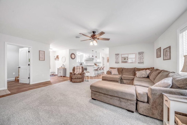54727 Twin Lakes Rd, Dowagiac, MI 49047 - carpeted living area featuring ceiling fan and wood finished floors