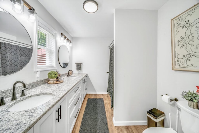 54727 Twin Lakes Rd, Dowagiac, MI 49047 - bathroom with wood finished floors, double vanity, and a shower with curtain