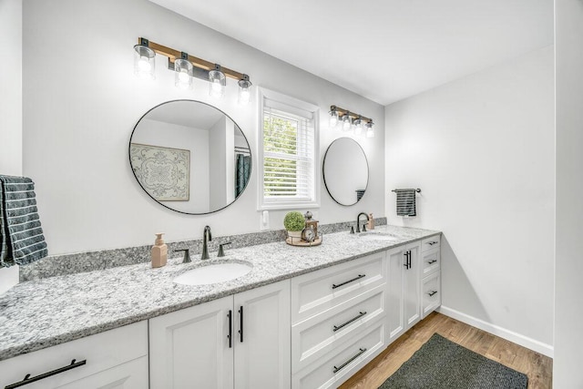 54727 Twin Lakes Rd, Dowagiac, MI 49047 - bathroom with double vanity and wood finished floors