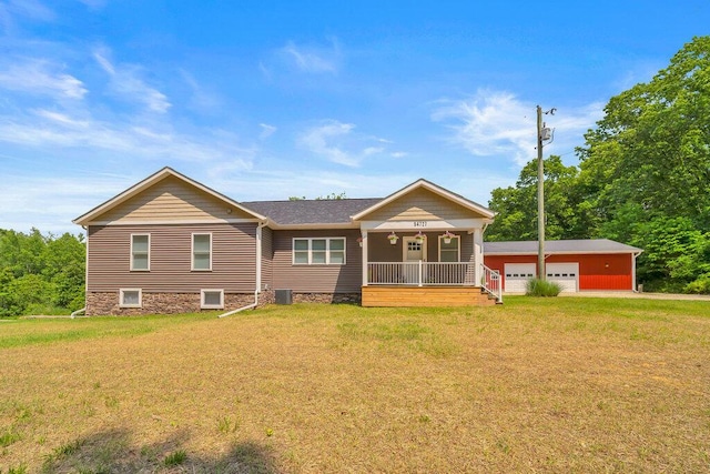 54727 Twin Lakes Rd, Dowagiac, MI 49047 - ranch-style house featuring covered porch, a front yard, and a garage