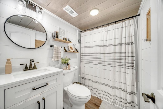 54727 Twin Lakes Rd, Dowagiac, MI 49047 - bathroom featuring vanity, wooden ceiling, wood finished floors, and a shower with curtain