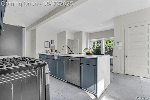 1710 Seminole St, Detroit, MI 48214 - kitchen featuring dishwasher, black gas range, light countertops, light tile patterned floors, and recessed lighting