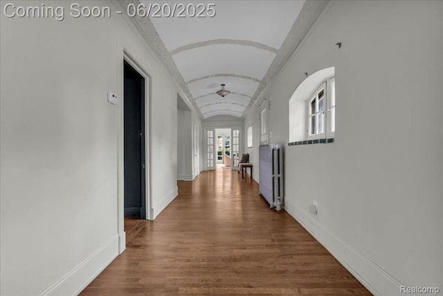 1710 Seminole St, Detroit, MI 48214 - hall featuring french doors, dark wood finished floors, radiator, and vaulted ceiling