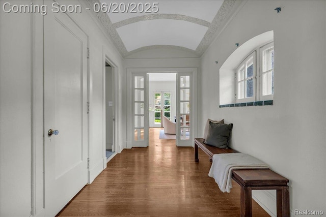 1710 Seminole St, Detroit, MI 48214 - hallway with vaulted ceiling, wood finished floors, and ornamental molding