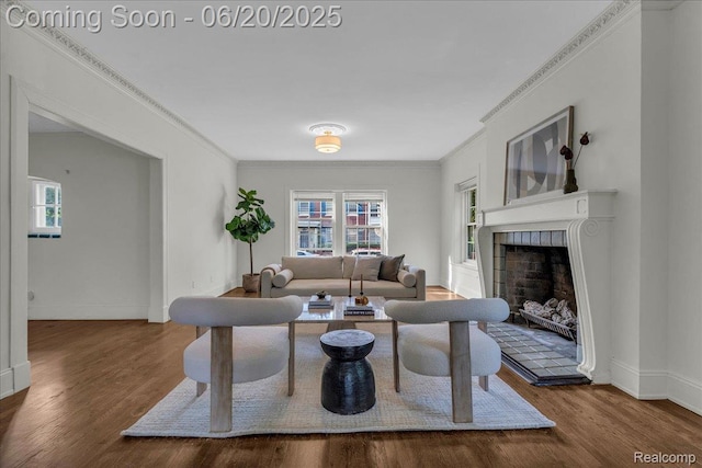 1710 Seminole St, Detroit, MI 48214 - living room with healthy amount of natural light, wood finished floors, ornamental molding, and a tile fireplace
