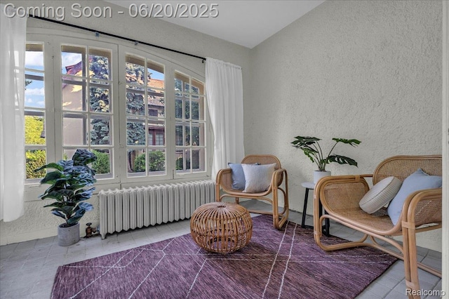 1710 Seminole St, Detroit, MI 48214 - living area with radiator, a textured wall, plenty of natural light, and tile patterned floors