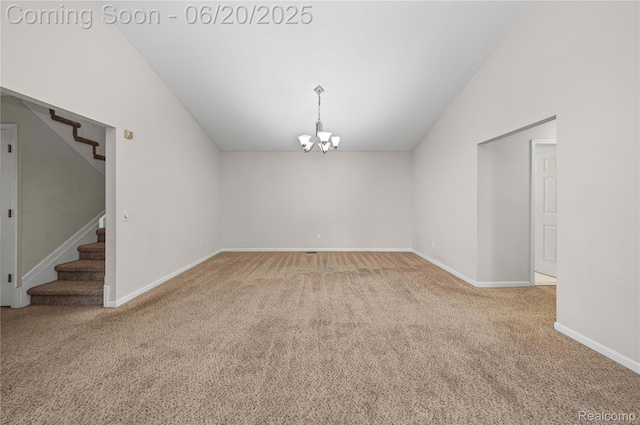 5805 Dawn Ridge Dr, Troy, MI 48098 - spare room featuring vaulted ceiling, carpet flooring, a chandelier, and stairs