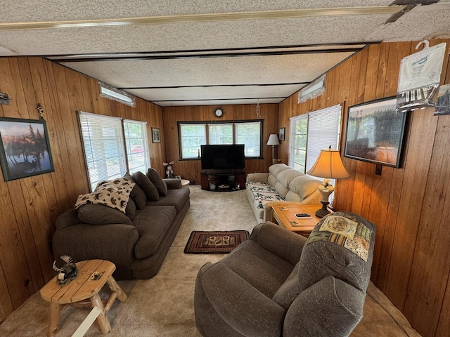 5859 N Utter Rd, Irons, MI 49644 - carpeted living area with wooden walls, beam ceiling, and a textured ceiling